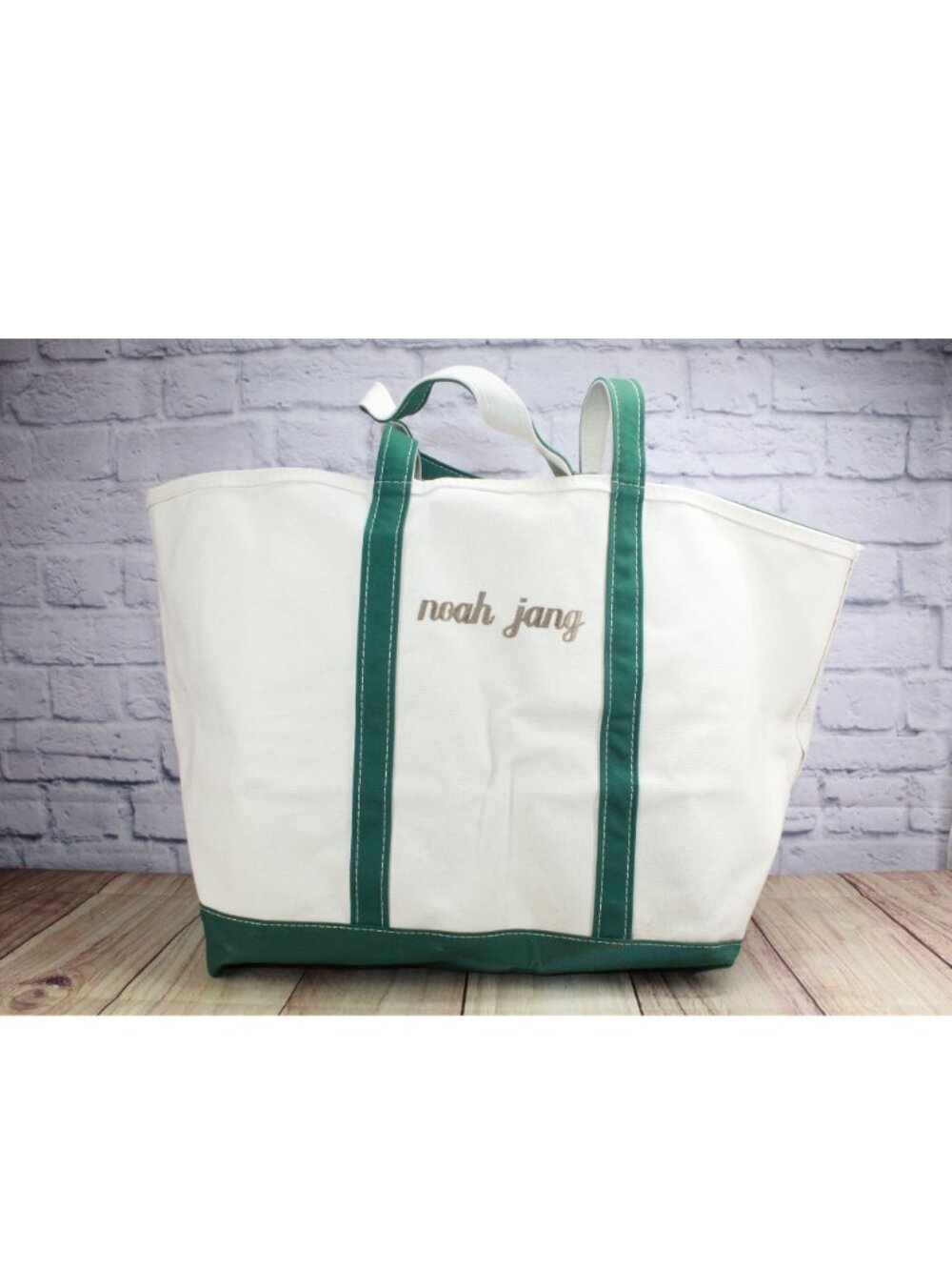LL Bean Boat And Tote Canvas Bag Green White Zipper Top Beach Carryall USA Made